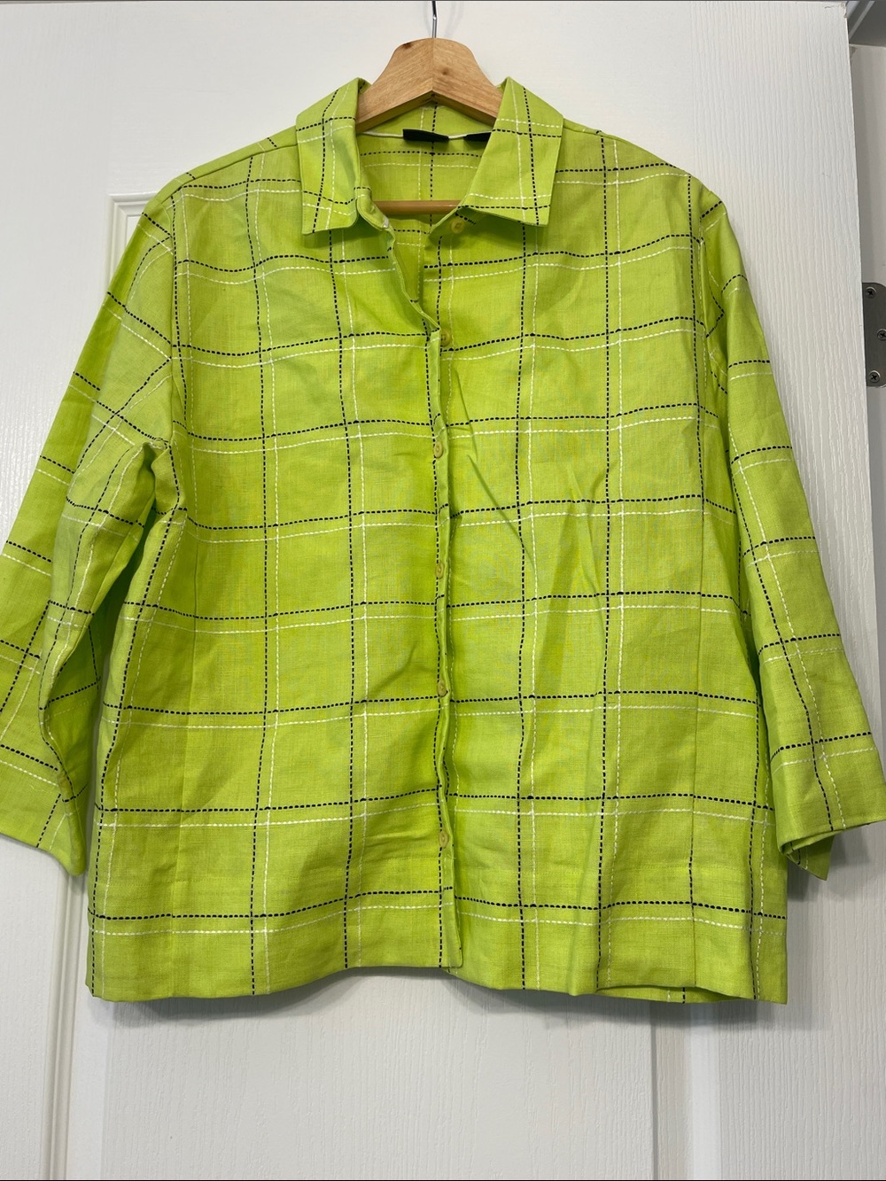 Westbound Lime Green Windowpane Linen Shirt size 14 button down 3/4 sleeves
